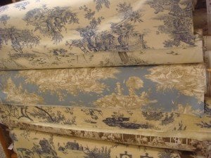 Another rack of toile de jouys in blues