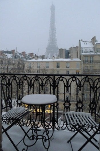 Paris balcony with wintry scene