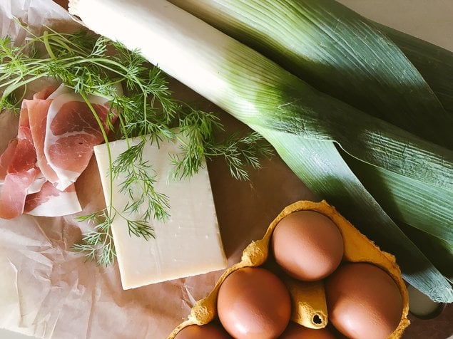 Crust-free and Gluten-Free Leek and Prosciutto Quiche Recipe with Gruyere Cheese and Dill 