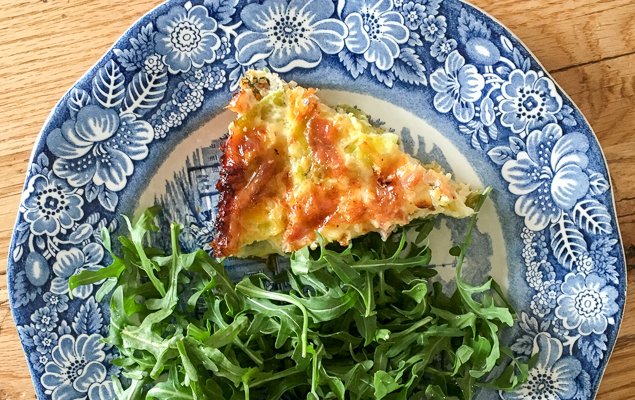 Crust-free and Gluten-Free Leek and Prosciutto Quiche Recipe with Gruyere Cheese and Dill 