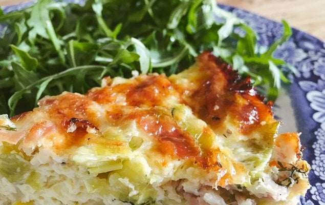 Crust-free and Gluten-Free Leek and Prosciutto Quiche Recipe with Gruyere Cheese and Dill 