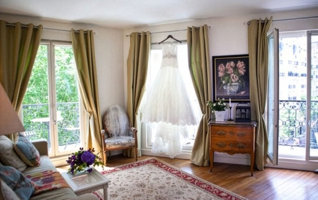 The beautiful dress on display at our luxury Champagne apartment in Paris