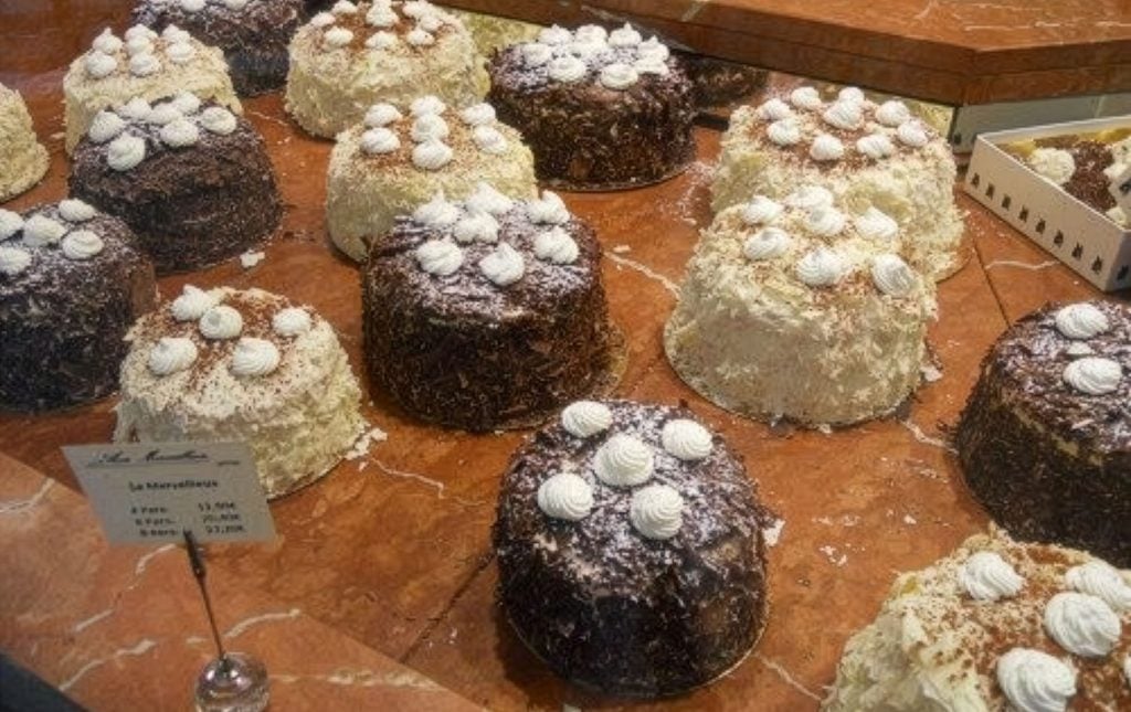 The merveilleux - or marvelous - cakes on display at Aux Merveilleux de Fred in the 7th arrondissement in Paris