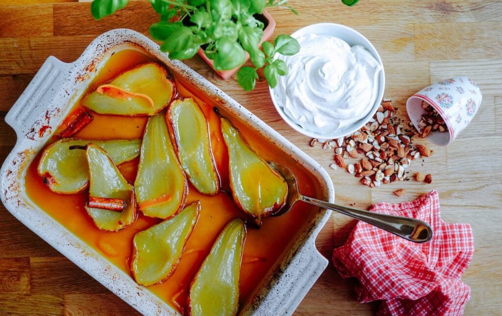 Orange-Maple Glazed Pears with Vanilla Crème Fraiche