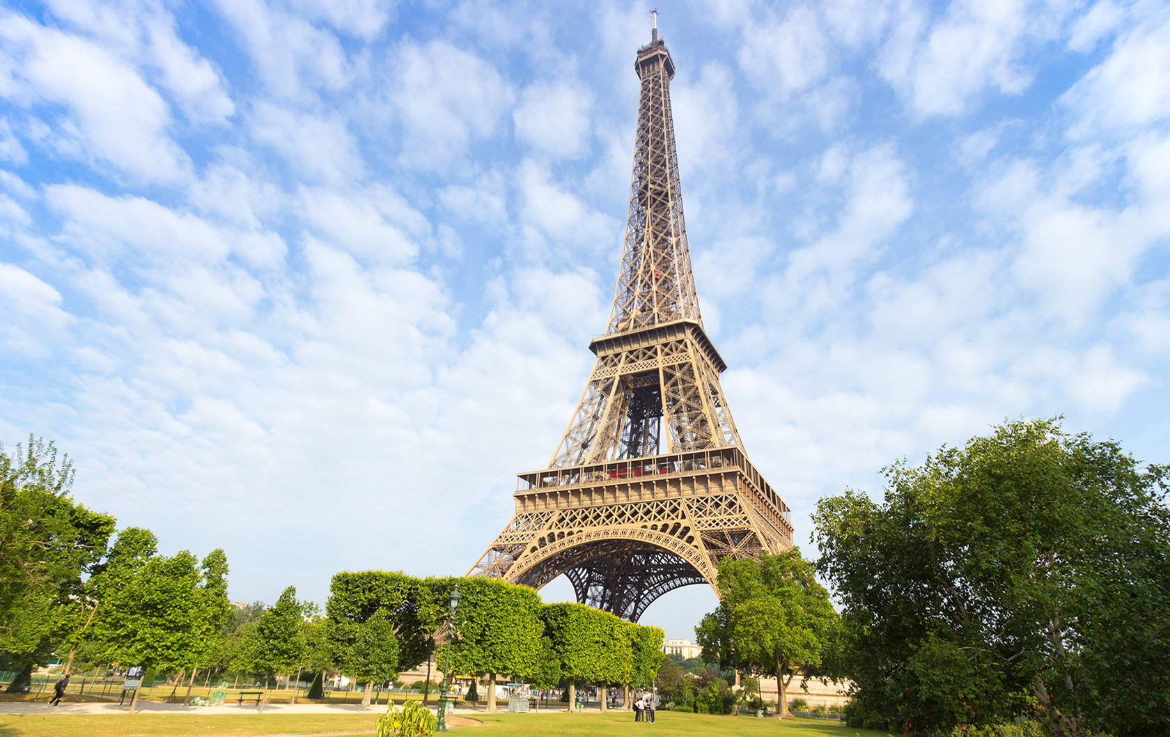 View of Eiffel Tower in Paris from Champ de Mars