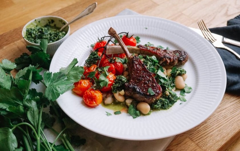 Garlic Lamb Chops with Warm Bean Salad & Persillade