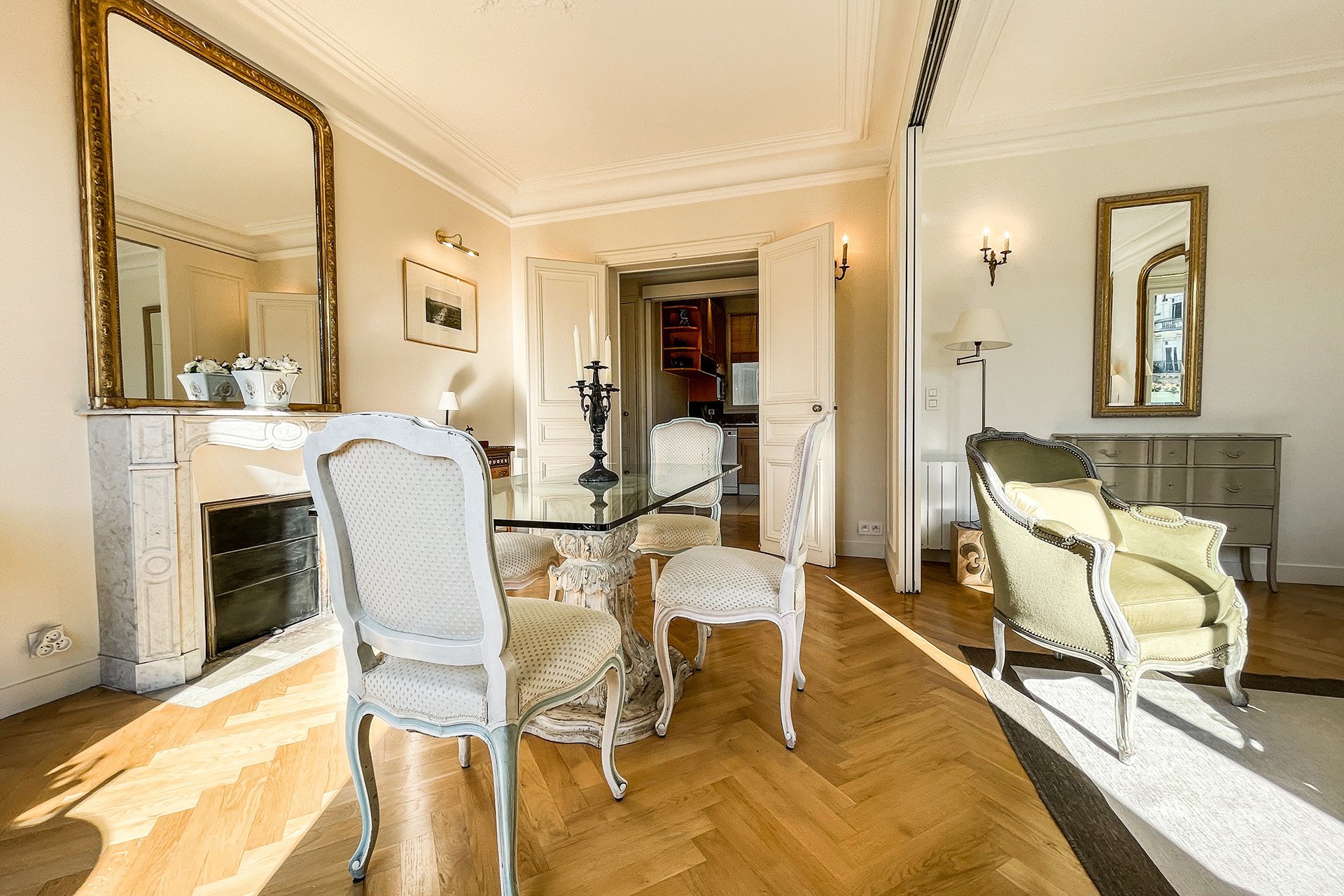 An original chimney adds character to the dining room.