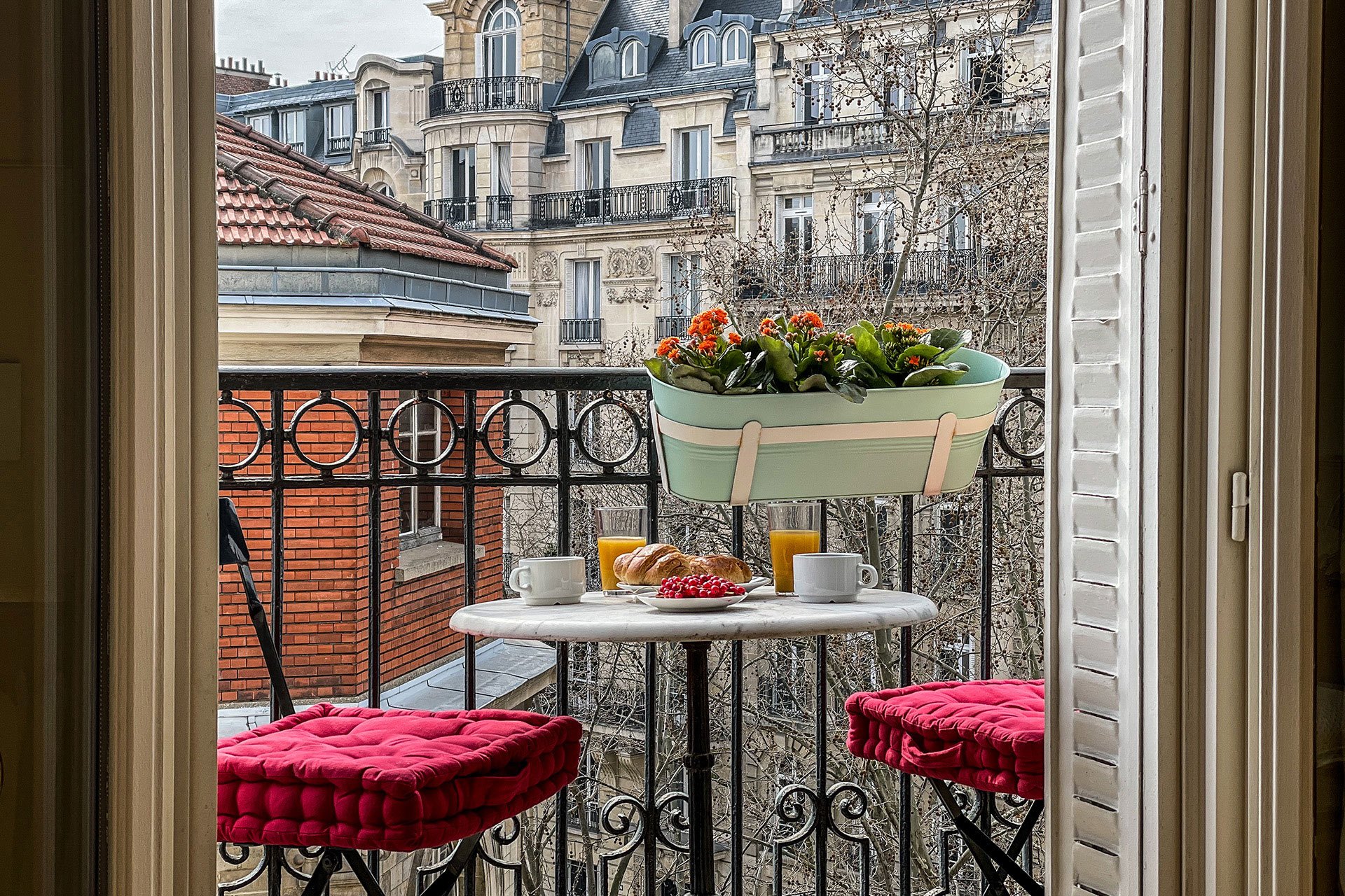 Enjoy breakfast on the long balcony with views of the Champ-de-Mars and Eiffel Tower.